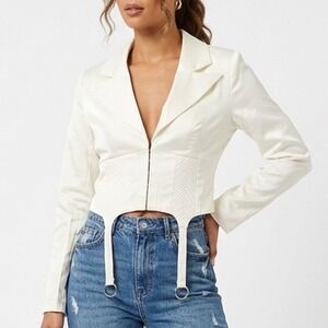 Naked Wardrobe The Statement Ivory Garter Cropped Blazer Womens Small
